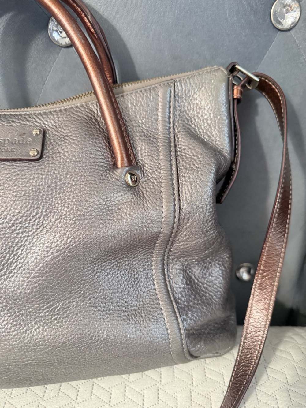 kate spade Metallic Gray Satchel with Brown Handles and Shoulder Strap - Picture 3 of 11